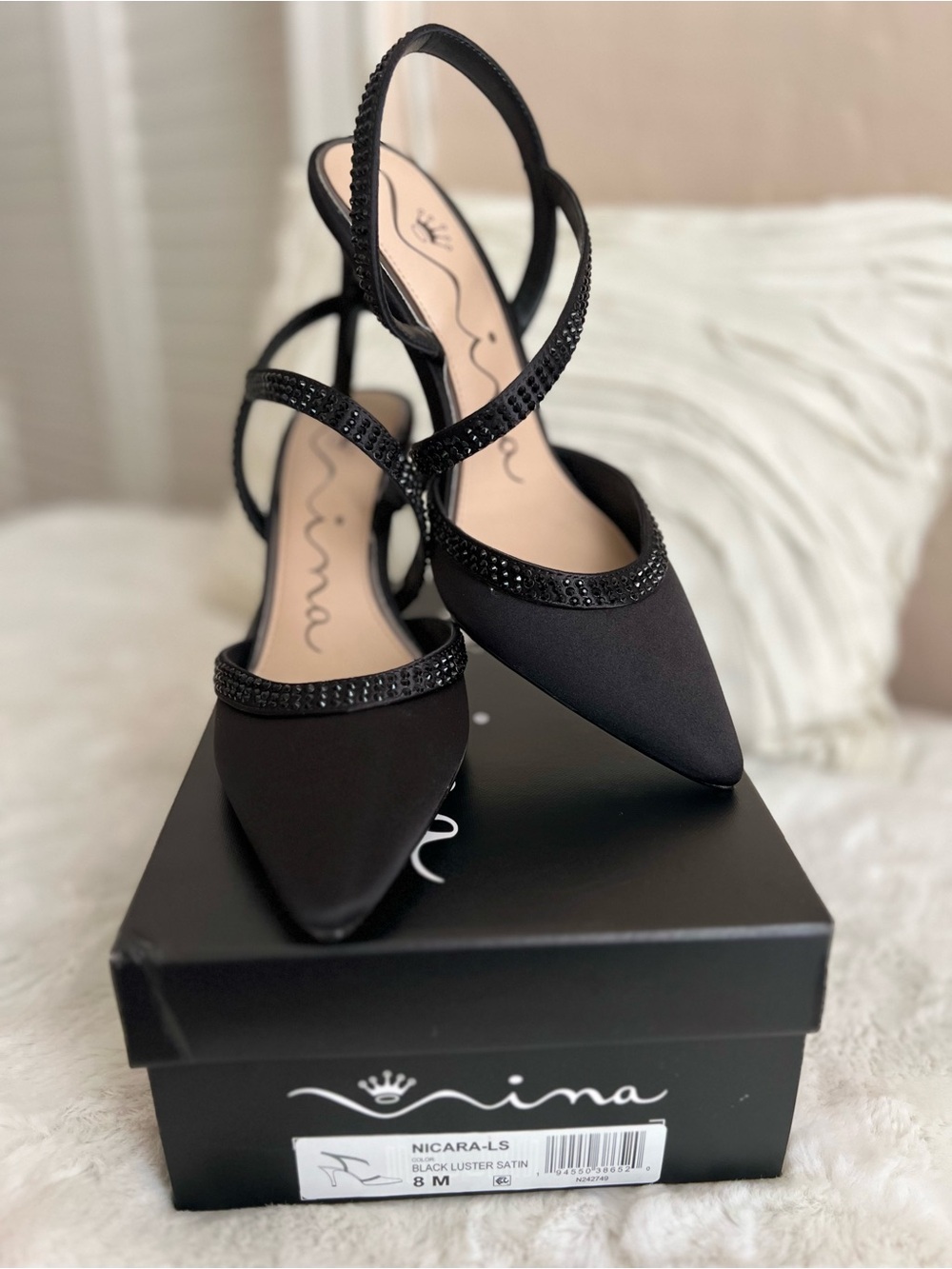 Nina Black Satin Pointed Slingback Heels with Crystal Trim